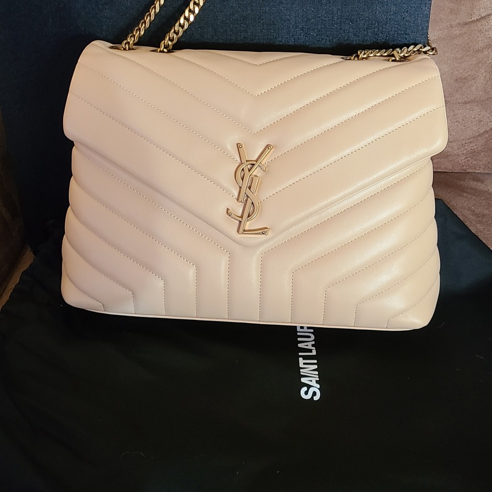 Leather Beige Bag with Gold Tone Hardware and YSL logo